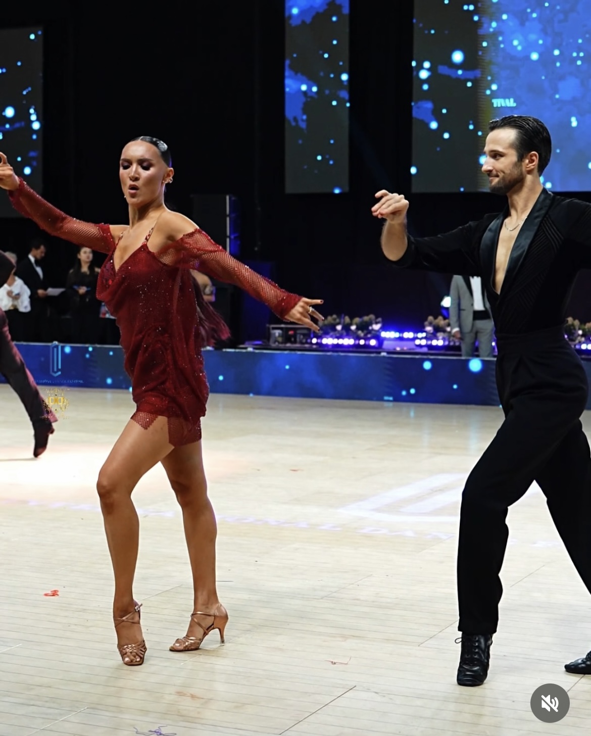 Bespoke crystal-embellished burgundy dance dress with sheer sleeves worn for a special occasion performance.