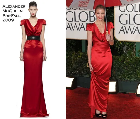 Bespoke atelier copy of an Alexander McQueen red satin cowl-neck gown beside the designer original.
